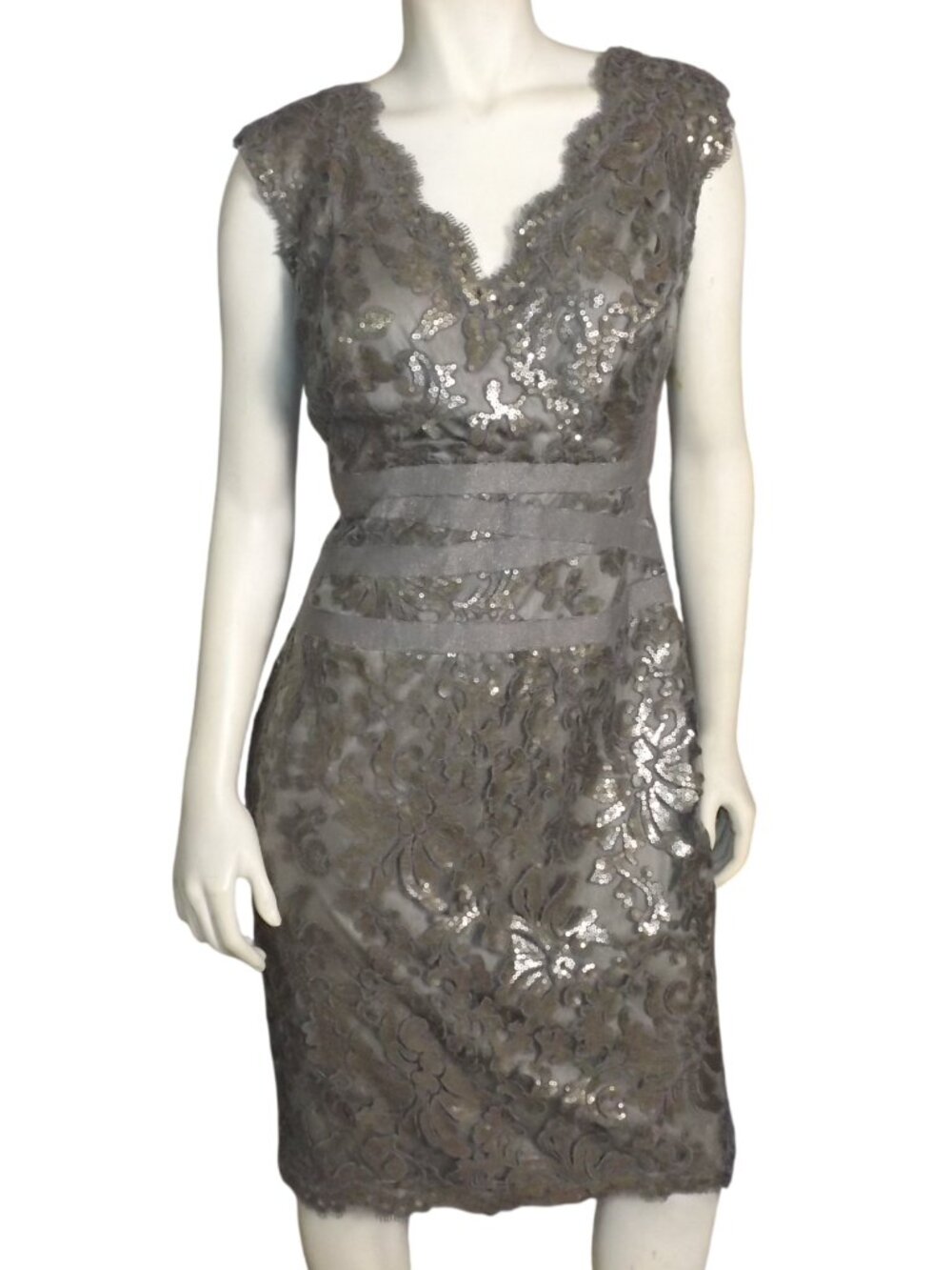 TADASHI SHOJI Dress, 14, Sequins, Gray/Bronze, V-neckline,  Sleeveless, Evening